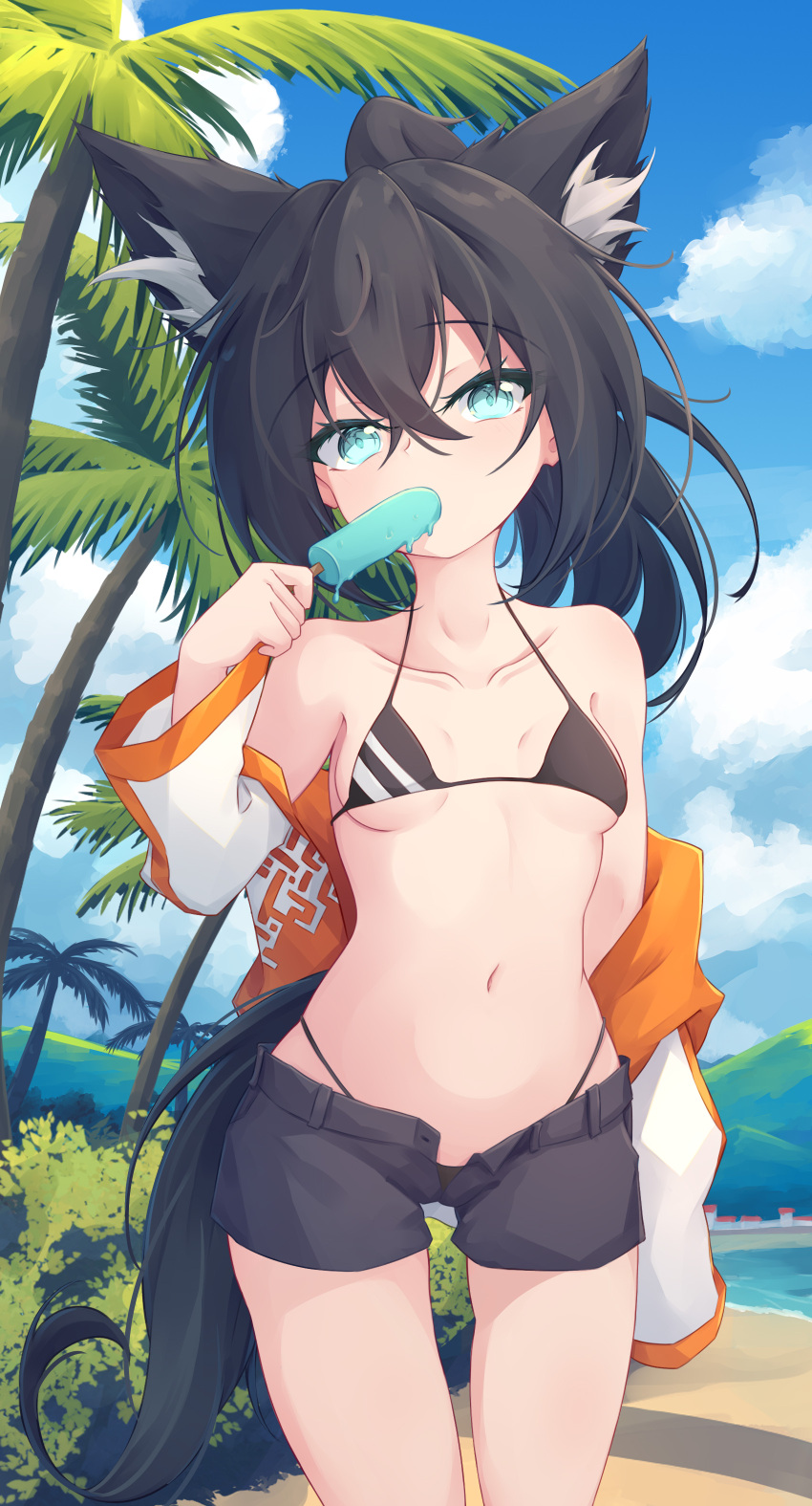 1girl absurdres animal_ear_fluff animal_ears aqua_eyes bangs beach bikini black_bikini black_hair black_shorts blue_sky breasts cloud cloudy_sky collarbone cowboy_shot day dripping eating extra_ears eyebrows_visible_through_hair food hair_between_eyes hand_up high_ponytail highres licking long_hair long_sleeves looking_at_viewer melting navel ocean off_shoulder open_clothes open_shirt open_shorts orange_shirt original outdoors palm_tree popsicle scenery shirt short_shorts shorts sky small_breasts solo standing swimsuit tail tree trimbil two-tone_shirt water white_shirt