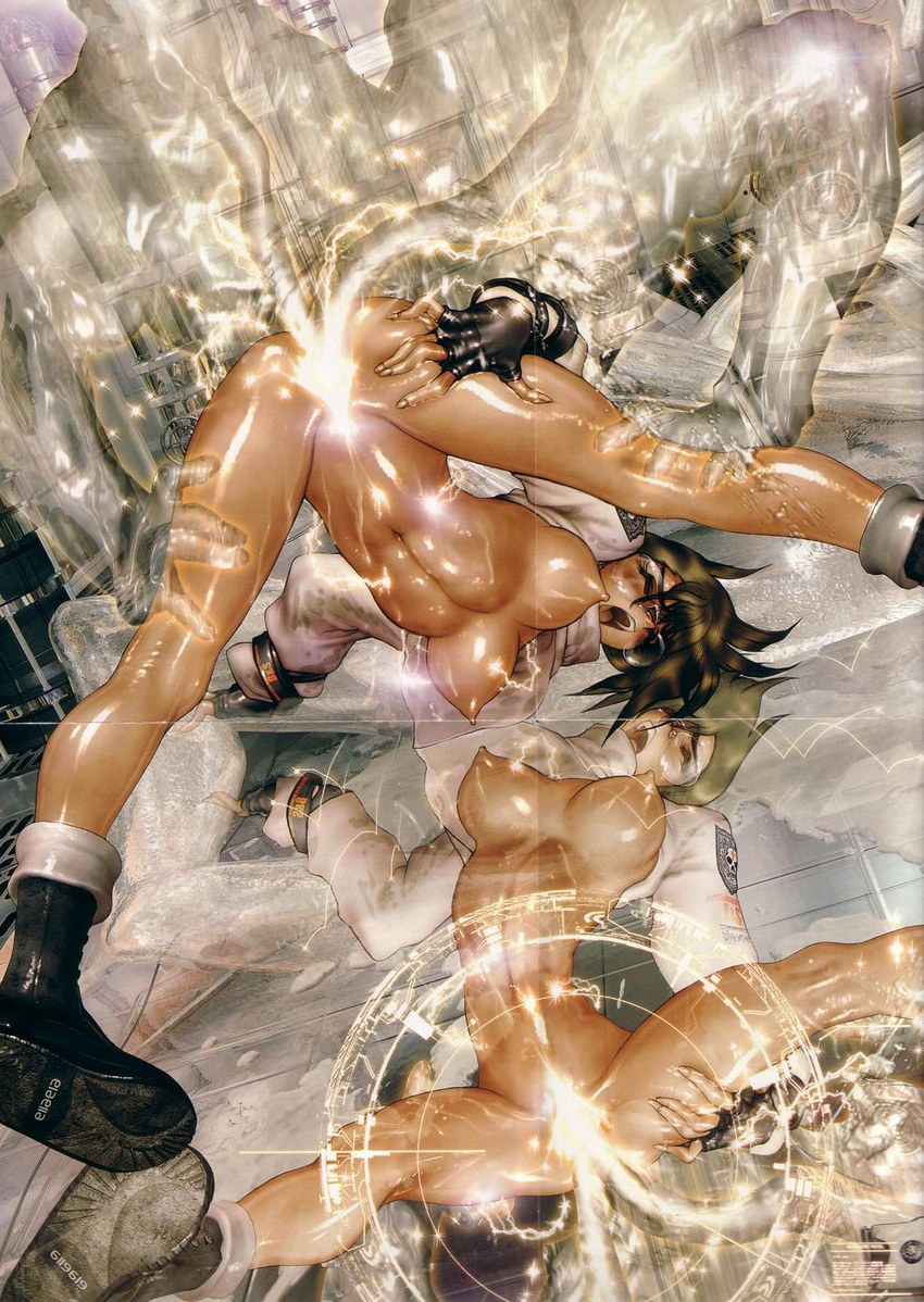 boots bottomless breasts closed_eyes cyril_brooklyn electricity flexible galgrease galhound glasses goggles highres kneepits large_breasts legs mirror nipples open_mouth orgasm shiny shiny_skin shirou_masamune solo split tentacles