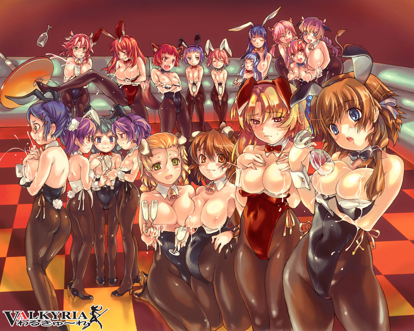 animal_ears ass back-seamed_legwear bell breast_grab breast_press breast_squeeze breasts bunny_ears bunnysuit cat_ears cow_ears cow_girl fox_ears glass grabbing lactation large_breasts legs leotard milk multiple_girls nipples official_art pantyhose pregnant rape!_rape!_rape! seamed_legwear side-tie_leotard wallpaper