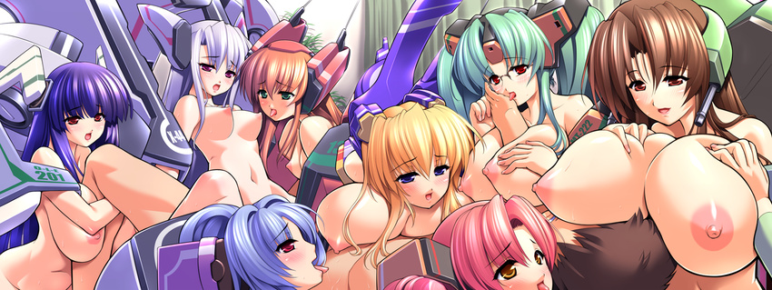 6+girls aizuka_hime black_hair blonde_hair blue_eyes blue_hair blush breast_press breast_smother breast_suppress breasts brown_eyes brown_hair cowgirl_position eve_at-01 everyone faceless faceless_male game_cg gigantic_breasts girl_on_top glasses green_eyes green_hair group_sex gunner-l harem highres hoshinaga_shiki huge_breasts iron_maiden_-hagane_no_otome- large_breasts leg_grab licking long_hair long_image lying mecha_musume minazaki_isuzu multiple_girls navel nipples non-web_source nude ogata_cocona on_back open_mouth orgy pink_hair ponytail red_eyes sex smile smother straddling takasato_laila tina_starling tongue twintails very_long_hair white_hair wide_image yuzuki_naako