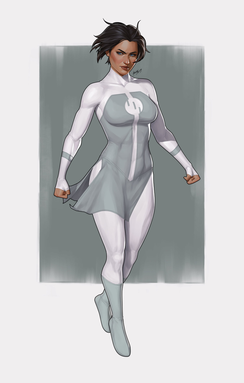 1girl abs absurdres anissa_(invincible) black_hair blue_eyes bodysuit boots border breasts clenched_hands collarbone commission covered_abs dalejomej floating floating_clothes floating_hair frown grey_background grey_bodysuit grey_boots highres invincible_(series) large_breasts lips long_sleeves looking_to_the_side mature_female multicolored_bodysuit outside_border pelvic_curtain red_lips short_hair signature simple_background sleeves_past_wrists solo striped_bodysuit tan toned toned_female turtleneck turtleneck_bodysuit two-tone_bodysuit viltrumite white_bodysuit white_border