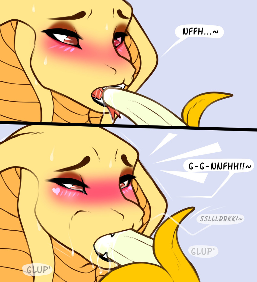 &lt;3 ambiguous_gender anthro banana blush comic dialogue eyebrows eyelashes eyeshadow fangs food food_fetish fruit haxxyramdhan hi_res makeup open_mouth plant red_eyes reptile scales scalie simple_background smile snake snake_hood solo speech_bubble suggestive suggestive_food yellow_body yellow_scales yellow_skin