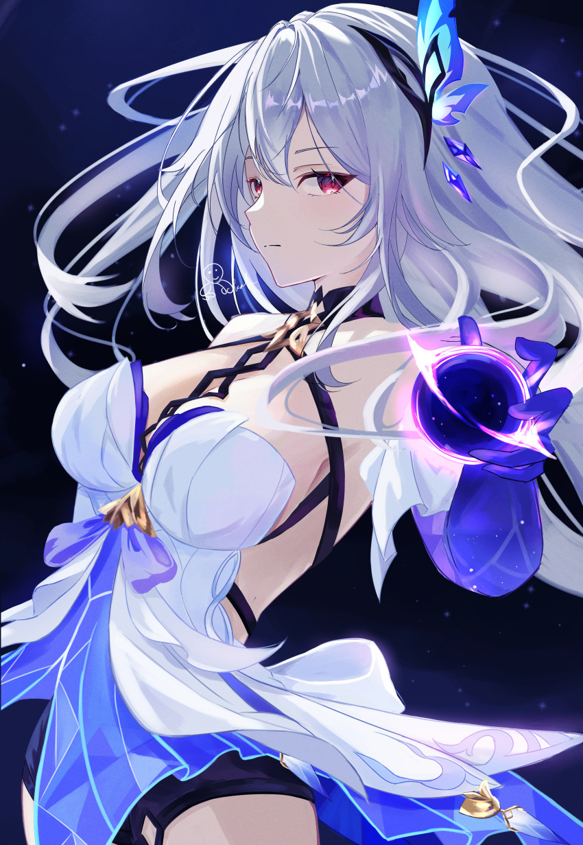 1girl absurdres breasts commentary cowboy_shot dress floating_hair genshin_impact hair_ornament highres large_breasts long_hair looking_at_viewer okashieeeeeee pink_eyes prosthesis prosthetic_arm sideways_glance signature skirk_(genshin_impact) solo white_dress white_hair