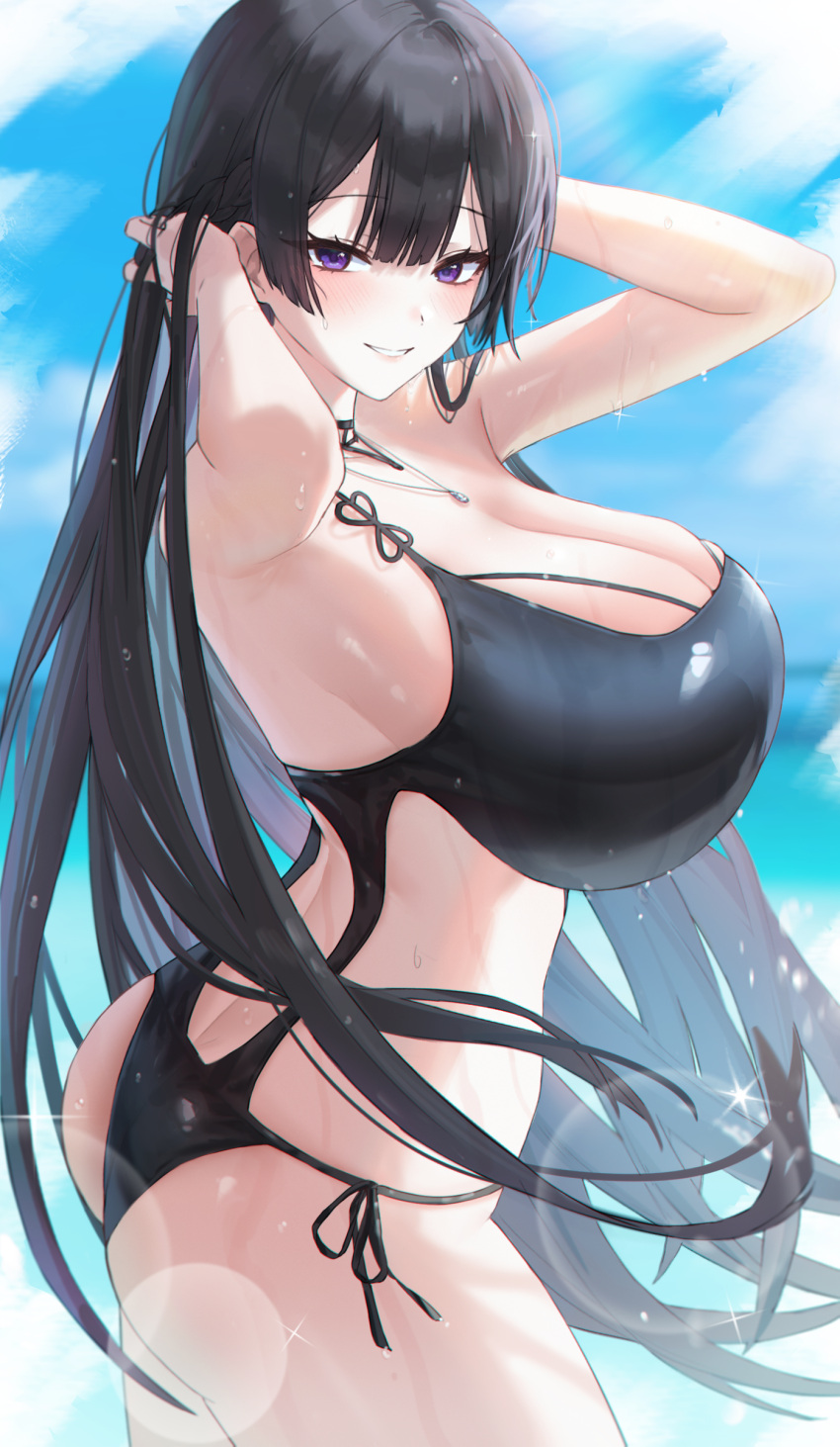 1girl absurdres armpits arms_up ass bangs black_hair black_swimsuit blush breasts commentary commission english_commentary from_side highres huge_breasts jewelry looking_at_viewer looking_to_the_side merumeko necklace one-piece_swimsuit original outdoors parted_lips purple_eyes smile swimsuit