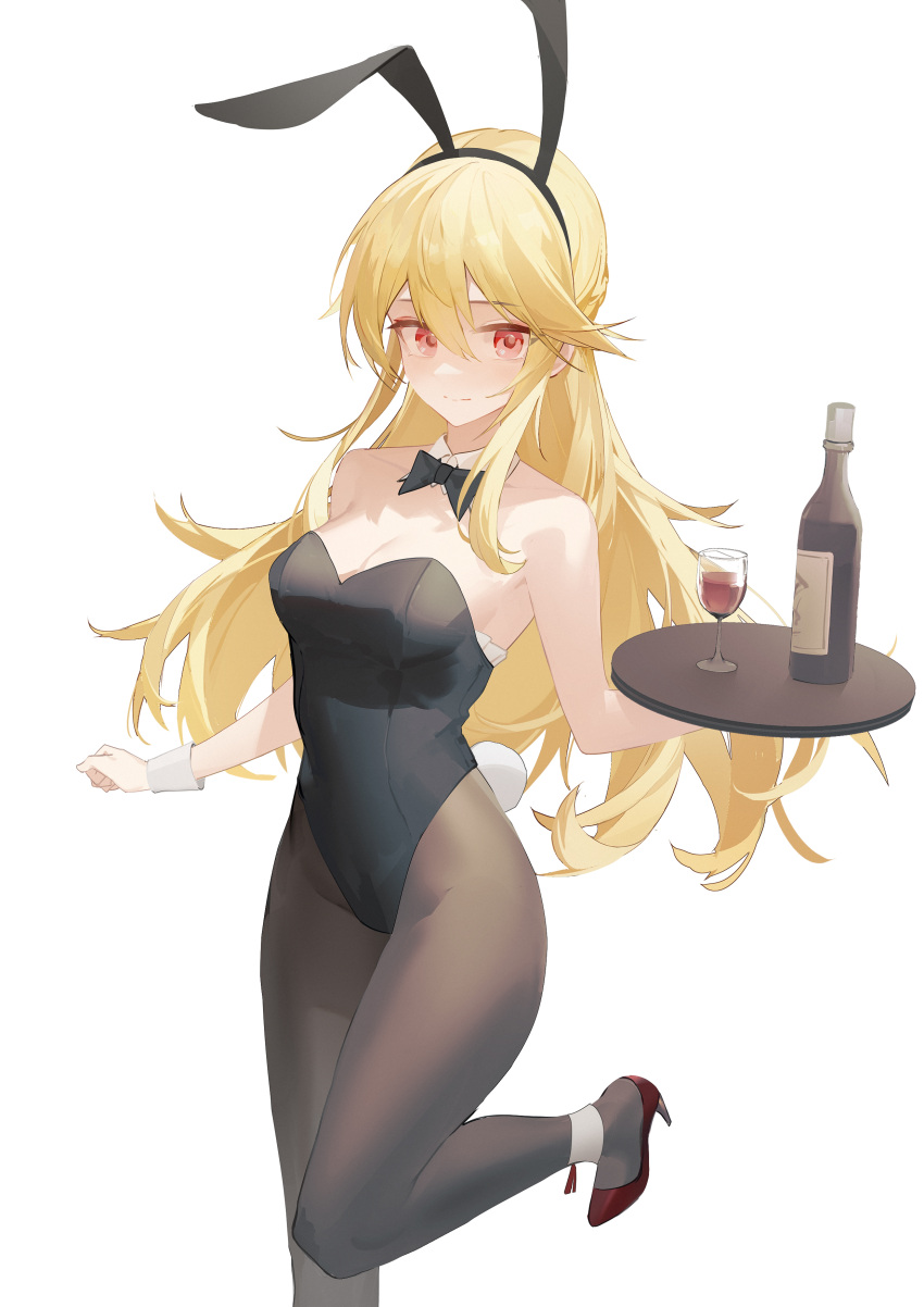 1girl absurdres alcohol animal_ears bare_shoulders black_bow black_bowtie black_hairband black_legwear black_leotard blonde_hair bow bowtie breasts cleavage commentary_request copyright_request cup detached_collar drinking_glass fake_animal_ears foot_up hair_between_eyes hairband high_heels highres holding holding_tray leotard long_hair looking_at_viewer luozhou_pile medium_breasts playboy_bunny rabbit_ears rabbit_tail red_eyes red_footwear simple_background solo standing standing_on_one_leg strapless strapless_leotard tail tray white_background wine wine_glass wrist_cuffs