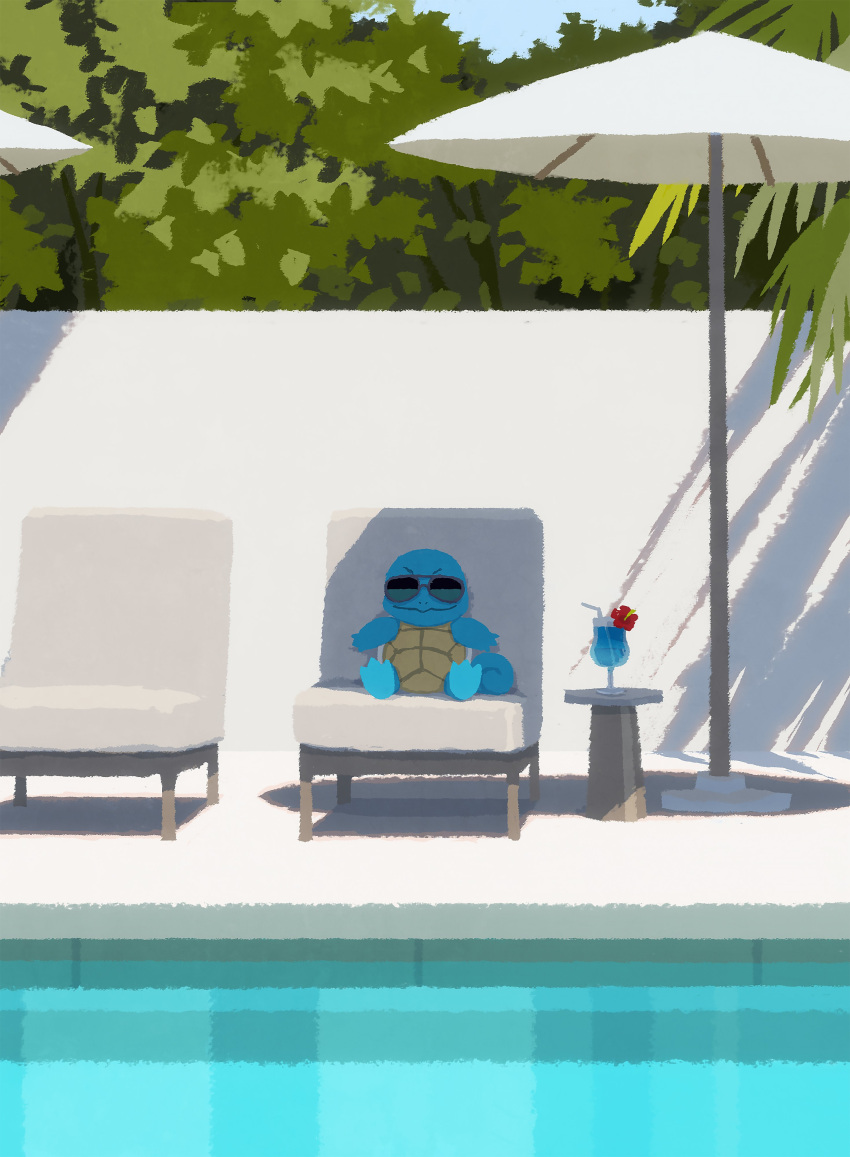 absurdres beach_chair beach_umbrella chair closed_mouth cup day drinking_straw highres hyogonosuke no_humans outdoors pokemon pokemon_(creature) pool shade sitting solo squirtle sunglasses tropical_drink umbrella water