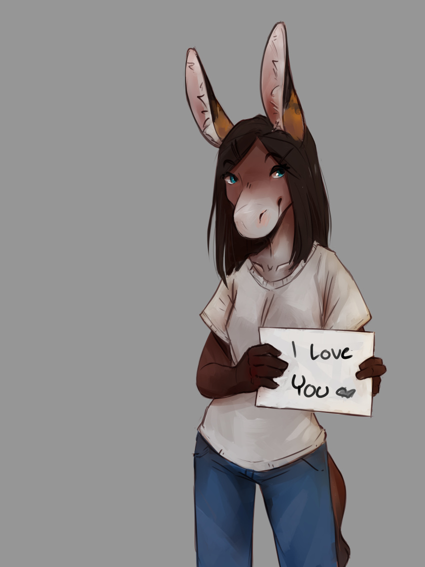 absurd_res anthro asinus brown_body brown_fur clothed clothing conditional_dnp digital_media_(artwork) donkey elliotte-draws english_text equid equine female fully_clothed fur grey_background hair hi_res holding_object holding_sign looking_at_viewer mammal shirt sign simple_background solo t-shirt text topwear