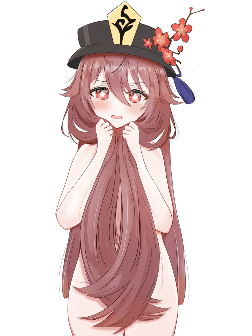 1girl black_headwear blush brown_hair completely_nude cowboy_shot embarrassed fang flower genshin_impact hair_censor hair_over_breasts hair_over_crotch half-closed_eyes hand_in_own_hair hat hat_flower highres hu_tao_(genshin_impact) long_hair nude open_mouth red_eyes se_pex simple_background solo symbol-shaped_pupils tears top_hat very_long_hair wavy_mouth white_background