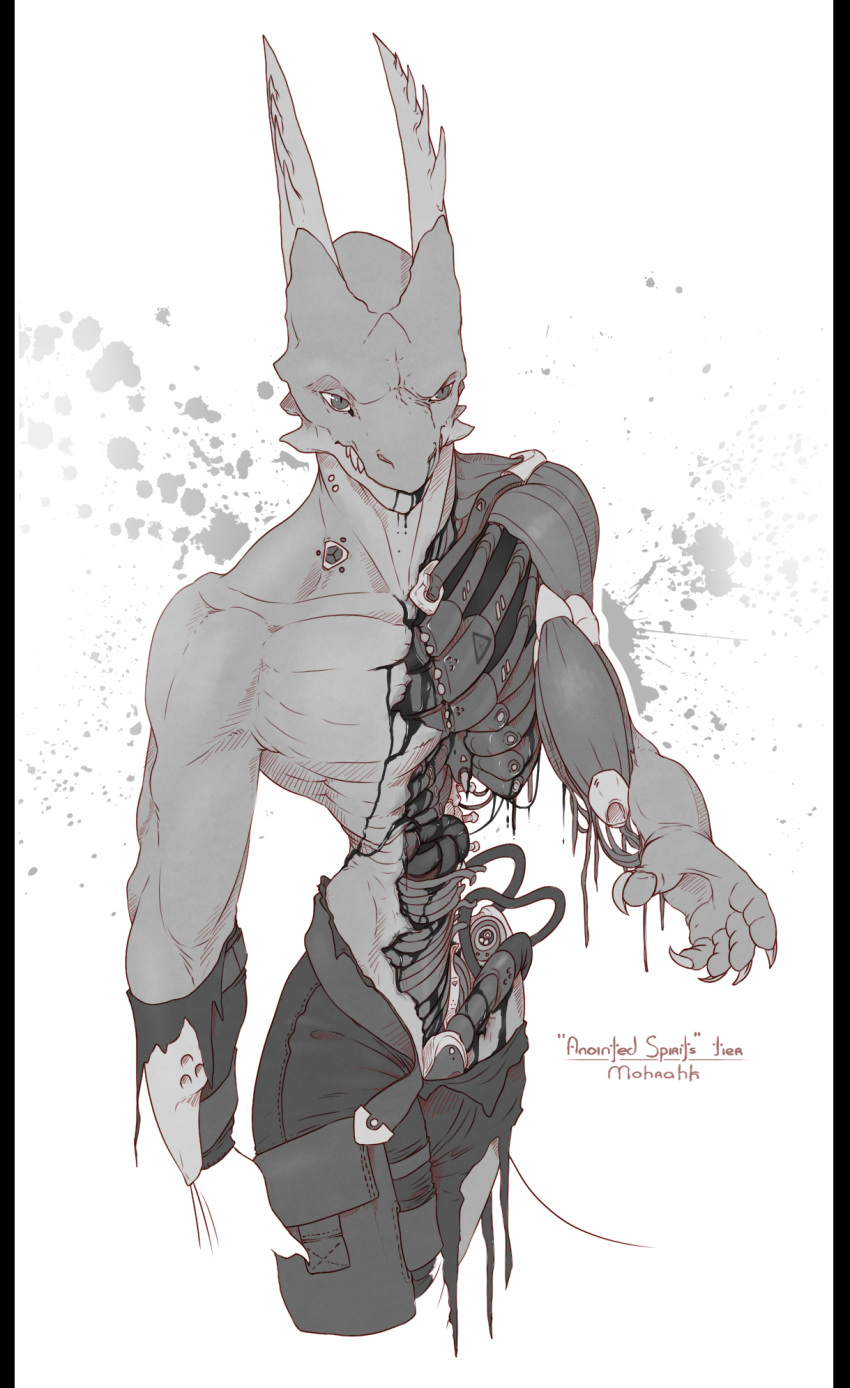 anatomy anthro clothing cybernetics cyborg damaged gore hi_res internal kredri machine male muscle_tone oil organs ribcage scalie solo torn_clothing