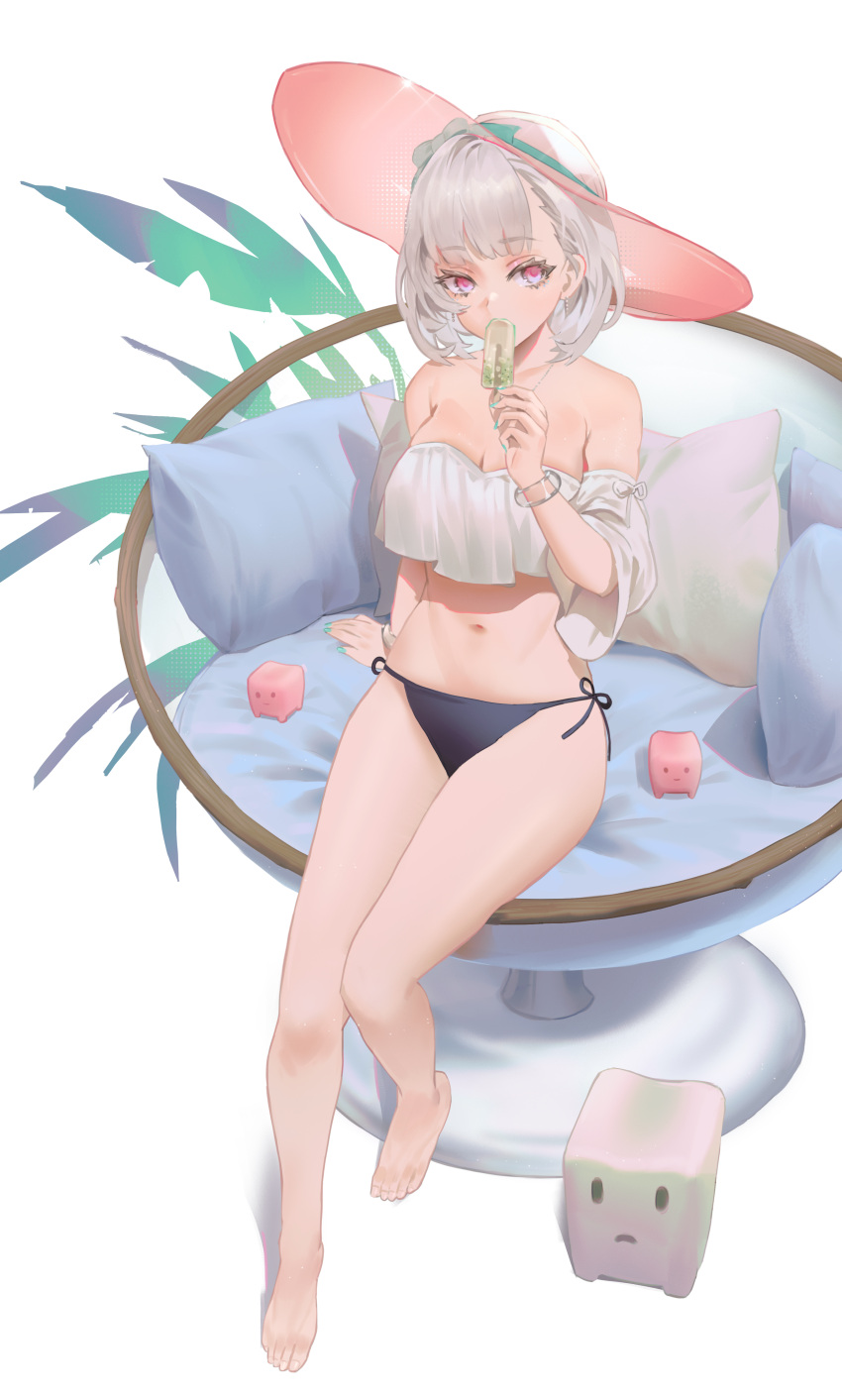 1girl absurdres bare_arms bare_legs bare_shoulders barefoot bikini black_panties borrowed_character cirilla_lin couch feet food hat highres holding holding_food ice_cream looking_at_viewer nacchan_(ohisashiburi) navel original panties pillow psd_available red_eyes red_headwear short_hair swimsuit underwear