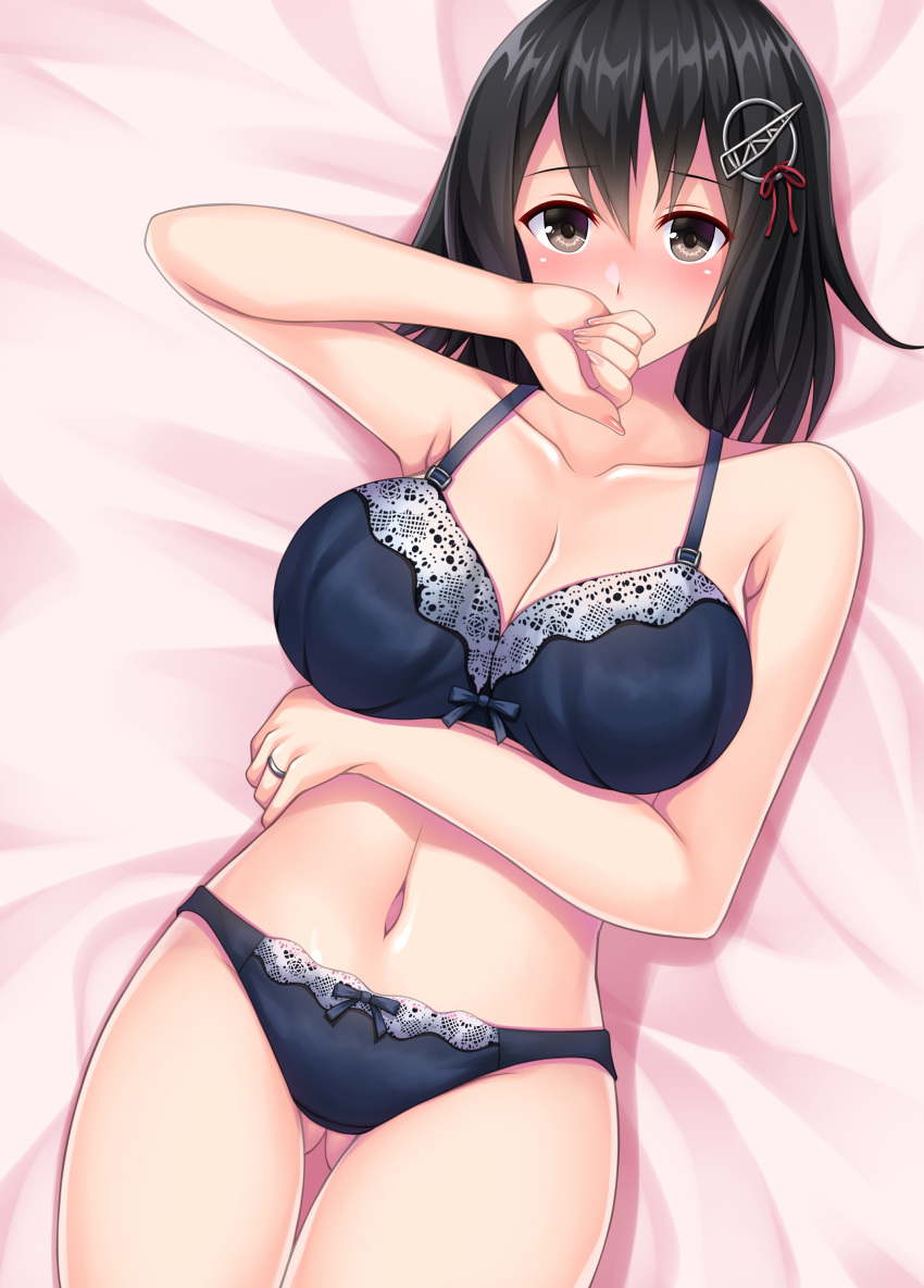 1girl absurdres ass_visible_through_thighs bed_sheet black_bra black_eyes black_hair black_panties blush bra breasts cleavage collarbone cowboy_shot eyebrows_visible_through_hair fingernails haguro_(kancolle) hair_between_eyes hair_ornament highres jewelry kantai_collection large_breasts navel panties ring ruin_re_birth short_hair solo underwear wedding_band