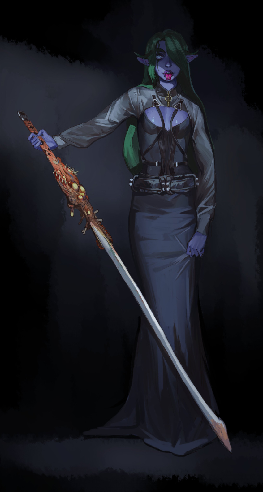 1girl absurdres belt black_dress body_freckles breasts copyright_request dark_elf dress elf forked_tongue freckles green_hair grey_eyes highres holding holding_sword holding_weapon horror_(theme) long_eyebrows long_hair long_sleeves long_sword looking_at_viewer mossacannibalis one_eye_covered open_mouth piercing pointy_ears shrug_(clothing) small_breasts solo standing sword tight tight_dress tongue tongue_piercing weapon