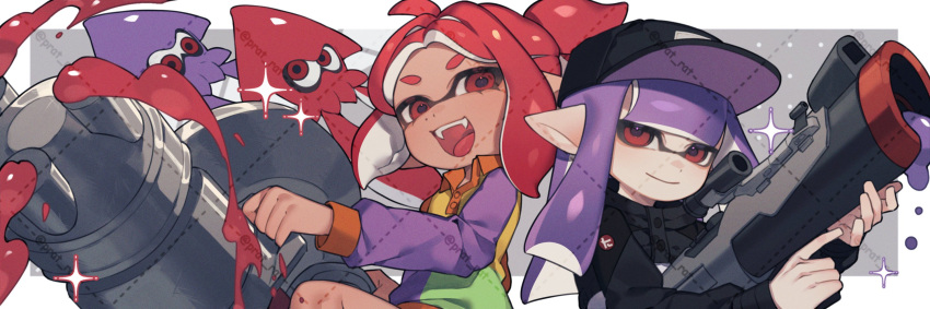 2girls baseball_cap black_hat black_jacket closed_mouth collared_shirt commentary_request dark-skinned_female dark_skin green_shirt hat highres holding holding_weapon inkling inkling_girl inkling_player_character jacket long_hair looking_at_viewer multicolored_shirt multiple_girls nautilus_(splatoon) open_mouth orange_shirt prat_rat purple_hair purple_shirt red_eyes red_hair s-blast_(splatoon) shirt smile splatoon_(series) tentacle_hair weapon yellow_shirt