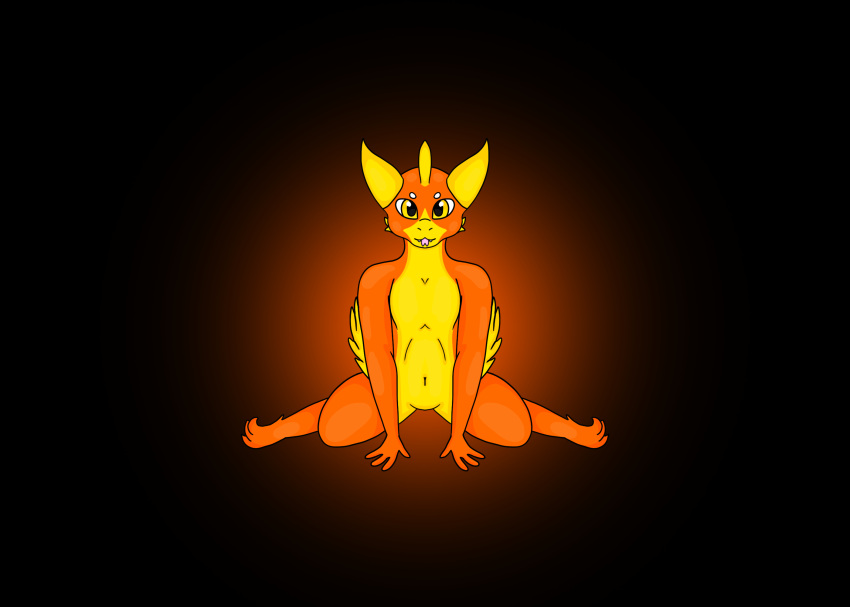 anthro belly feathers female female/female hi_res horn hybrid orange_body sitting solo that_floof_neo tongue tongue_out yellow_belly yellow_eyes yellow_horn