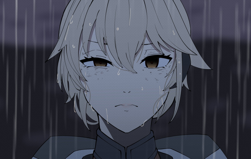 1girl blonde_hair brown_eyes closed_mouth dark_background disgust gar32 girls'_frontline girls'_frontline_2:_exilium groza_(girls'_frontline_2) highres looking_at_viewer ots-14_(girls'_frontline) parody portrait rain reze's_eye_twitch_(chainsaw_man) solo straight-on wet