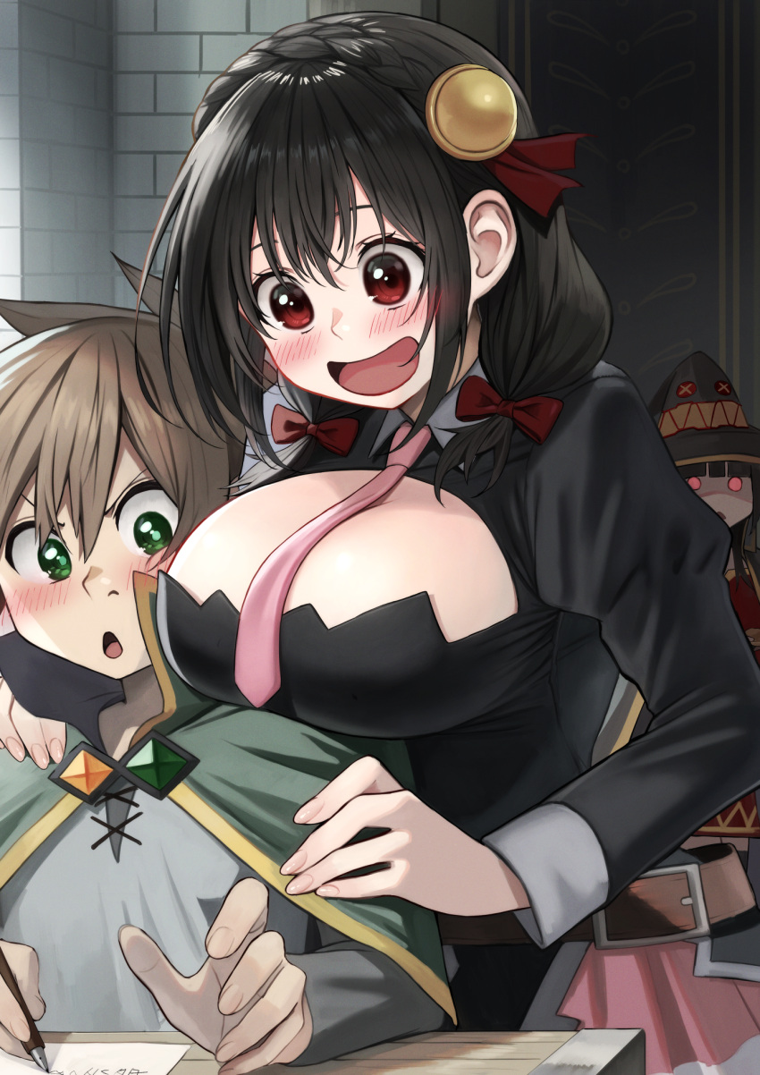 1boy 2girls bangs belt black_hair blush bow braid breasts brown_belt cape commentary_request glowing glowing_eyes green_cape grey_shirt hair_bow hair_ornament hat highres izawa_(bhive003) kono_subarashii_sekai_ni_shukufuku_wo! large_breasts long_hair long_sleeves looking_at_viewer low_twintails megumin multiple_girls necktie open_mouth paper pink_necktie red_bow red_eyes satou_kazuma shiny shiny_hair shirt skirt table twintails wizard_hat yunyun_(konosuba)