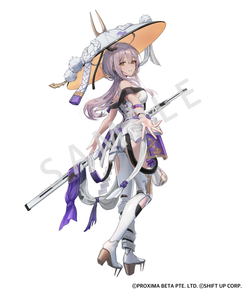 aratakosu_(tako's) ass bodysuit commentary_request english_commentary from_behind full_body goddess_of_victory:_nikke grey_bodysuit hat highres jingasa large_hat looking_at_viewer looking_back mixed-language_commentary scarlet_(nikke) simple_background white_background