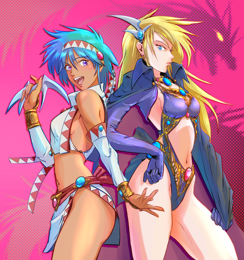 2girls aqua_hair bb9_megadrive blade blonde_hair blue_eyes cloak commentary_request dark_skin dragon el_viento game_console gloves highres jewelry looking_at_viewer monster multiple_girls open_mouth purple_eyes sega_mega_drive serious smile tribal villain_pose