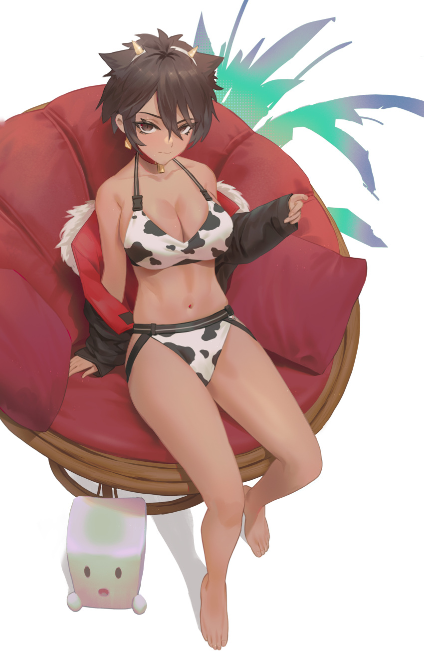 1girl absurdres animal_print barefoot bell bikini black_eyes black_hair borrowed_character breasts cirilla_lin couch cow_girl cow_horns cow_print cowbell dark-skinned_female dark_skin fake_horns feet fur_collar fur_trim hair_ears highres horns jacket large_breasts looking_at_viewer micchan_(ohisashiburi) open_clothes open_jacket original psd_available short_hair swimsuit underwear