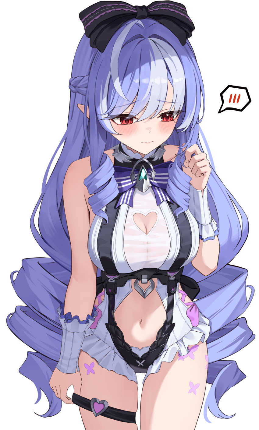 1girl absurdres adjusting_clothes adjusting_legwear ahoge animal_print averting_eyes bare_shoulders black_bow blue_gemstone blush bow bowtie breasts butterfly_print closed_mouth clothing_cutout commentary_request cowboy_shot drill_hair drill_sidelocks frilled_one-piece_swimsuit frilled_wrist_cuffs frills gem hair_between_eyes hair_bow heart_cutout highres holding holding_own_hair kurone_(kurone_ryuo) large_breasts long_hair mole mole_under_eye navel official_alternate_costume one-piece_swimsuit pink_bow pointy_ears purple_bow purple_bowtie purple_hair red_eyes see-through_clothes sideboob_cutout sidelocks simple_background solo spoken_blush stomach_cutout swimsuit thigh_strap two-tone_one-piece_swimsuit vivian_banshee vivian_banshee_(iris_of_the_shore) white_background white_one-piece_swimsuit wrist_cuffs zenless_zone_zero
