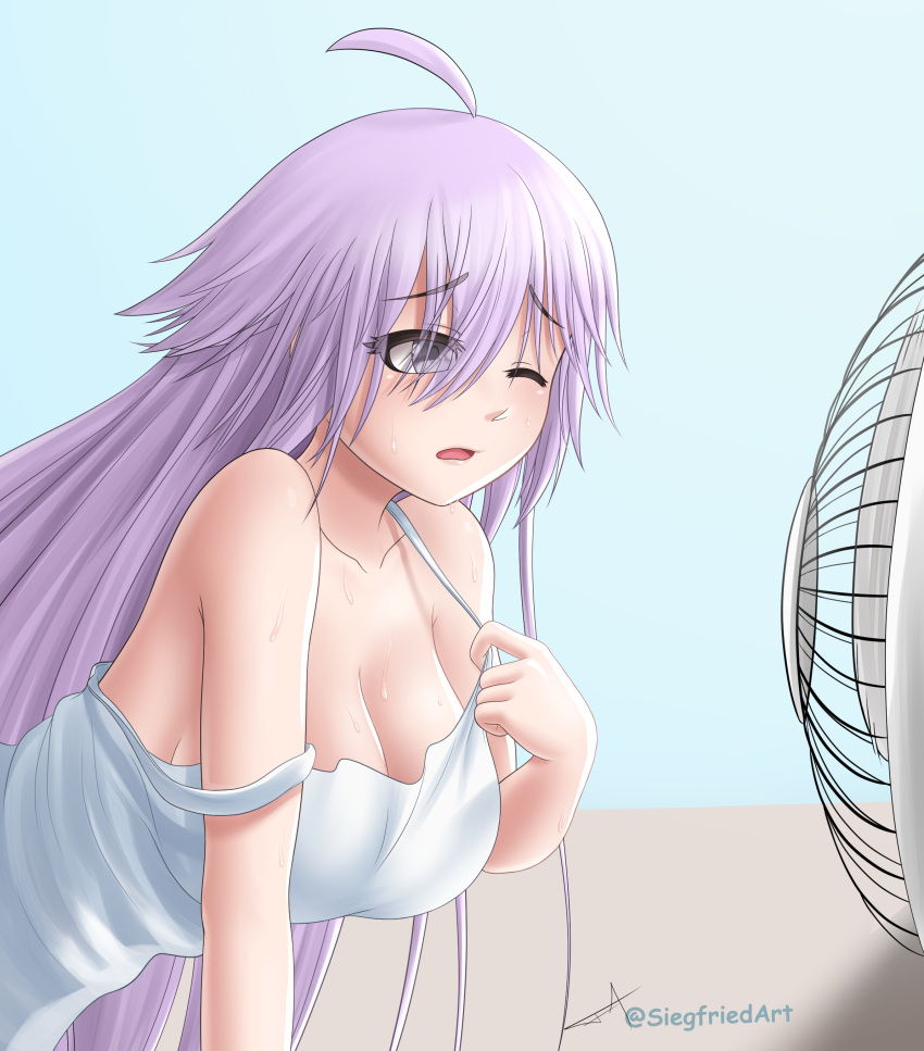 1girl 2020 absurdres ahoge bent_over breasts cleavage dress electric_fan eyebrows_visible_through_hair hair_between_eyes heat highres hot large_breasts long_hair one_eye_closed open_mouth original purple_eyes purple_hair siegfried87 signature sleeveless sleeveless_dress strap_pull strap_slip summer sundress sweat white_dress wind