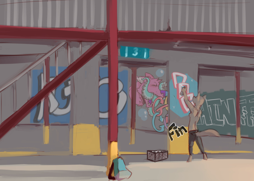 anthro canid canine clothed clothing conditional_dnp day detailed_background digital_media_(artwork) elliotte-draws female graffiti hi_res holding_object light lighting mammal outside shaded solo topless