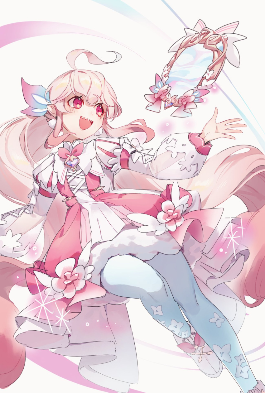 1girl :d ahoge blue_leotard boots bow dress dutch_angle elsword floral_print footwear_bow hair_bow highres laby_(elsword) leotard long_hair long_sleeves mirror nisha_(elsword) open_mouth pantyhose petticoat pink_bow pink_dress pink_eyes pink_hair radiant_soul_(elsword) sharp_teeth smile solo standing standing_on_one_leg teeth very_long_hair white_footwear white_hair white_legwear