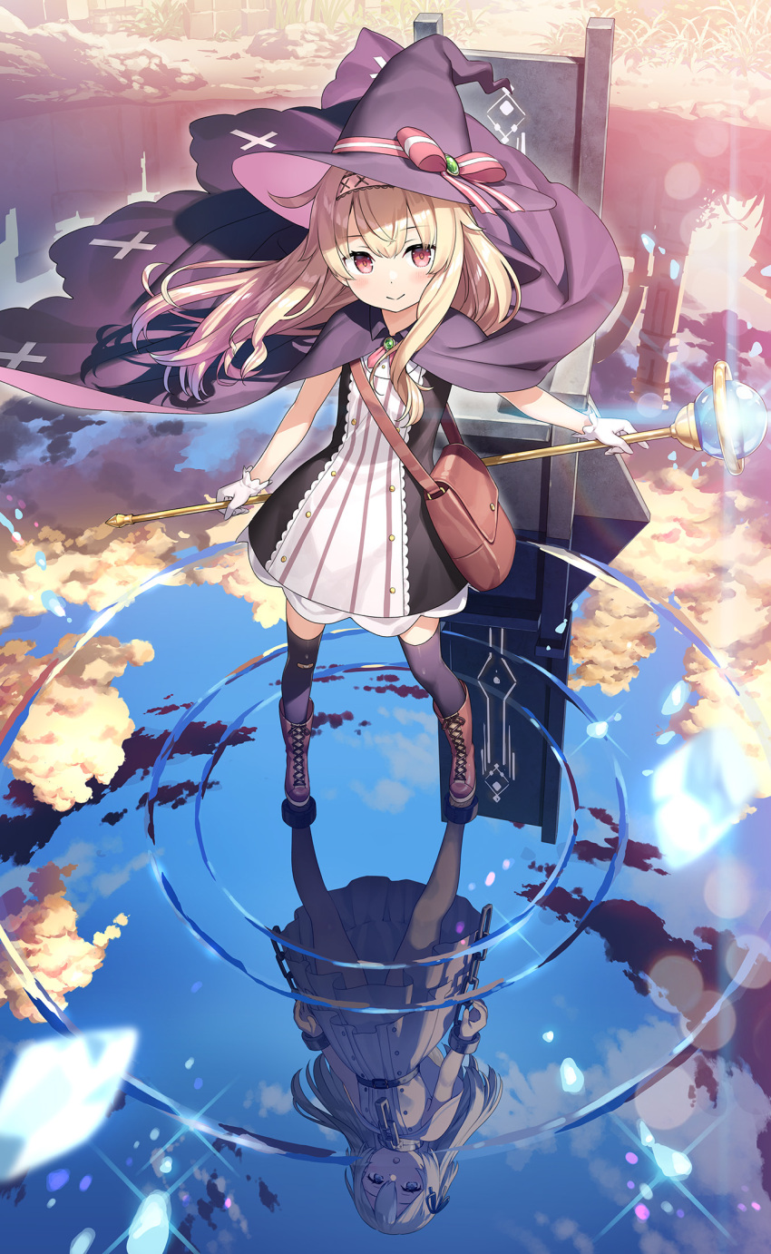 2girls bag black_legwear blonde_hair boots chain chair character_request cloak cross-laced_footwear dress gloves hair_ribbon hairband hat highres holding holding_weapon kantoku lace-up_boots little_witch_nobeta long_hair multiple_girls nobeta outdoors red_eyes reflection reflective_water ribbon shoulder_bag skirt sky sleeveless sleeveless_dress staff striped striped_dress water weapon white_gloves wizard_hat