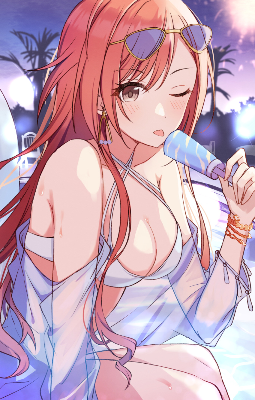 1girl ;p arisugawa_natsuha bikini blurry blush bokeh bracelet breasts cleavage collarbone depth_of_field earrings eyebrows_visible_through_hair eyewear_on_head food hal_ogura halterneck highres holding holding_food ice_cream ice_cream_bar idolmaster idolmaster_shiny_colors jewelry long_hair looking_at_viewer medium_breasts night one_eye_closed orange_hair palm_tree see-through_shawl shawl sitting solo swimsuit tinted_eyewear tongue tongue_out tree very_long_hair water_drop white_bikini