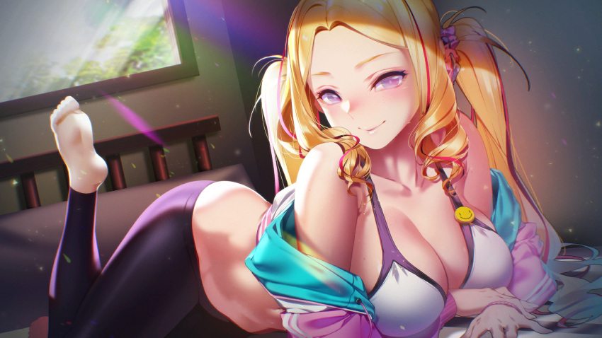 1girl adella_(some_some_convenience_store) bare_shoulders barefoot bed black_pants blonde_hair blush breasts cleavage closed_mouth collarbone curly_hair feet game_cg hair_ornament hair_scrunchie highres indoors jacket lips long_hair long_sleeves looking_at_viewer lying midriff multicolored_hair navel off_shoulder on_stomach open_clothes open_jacket pants purple_eyes room scrunchie smile solo some_some_convenience_store stomach streaked_hair talesshop twintails window