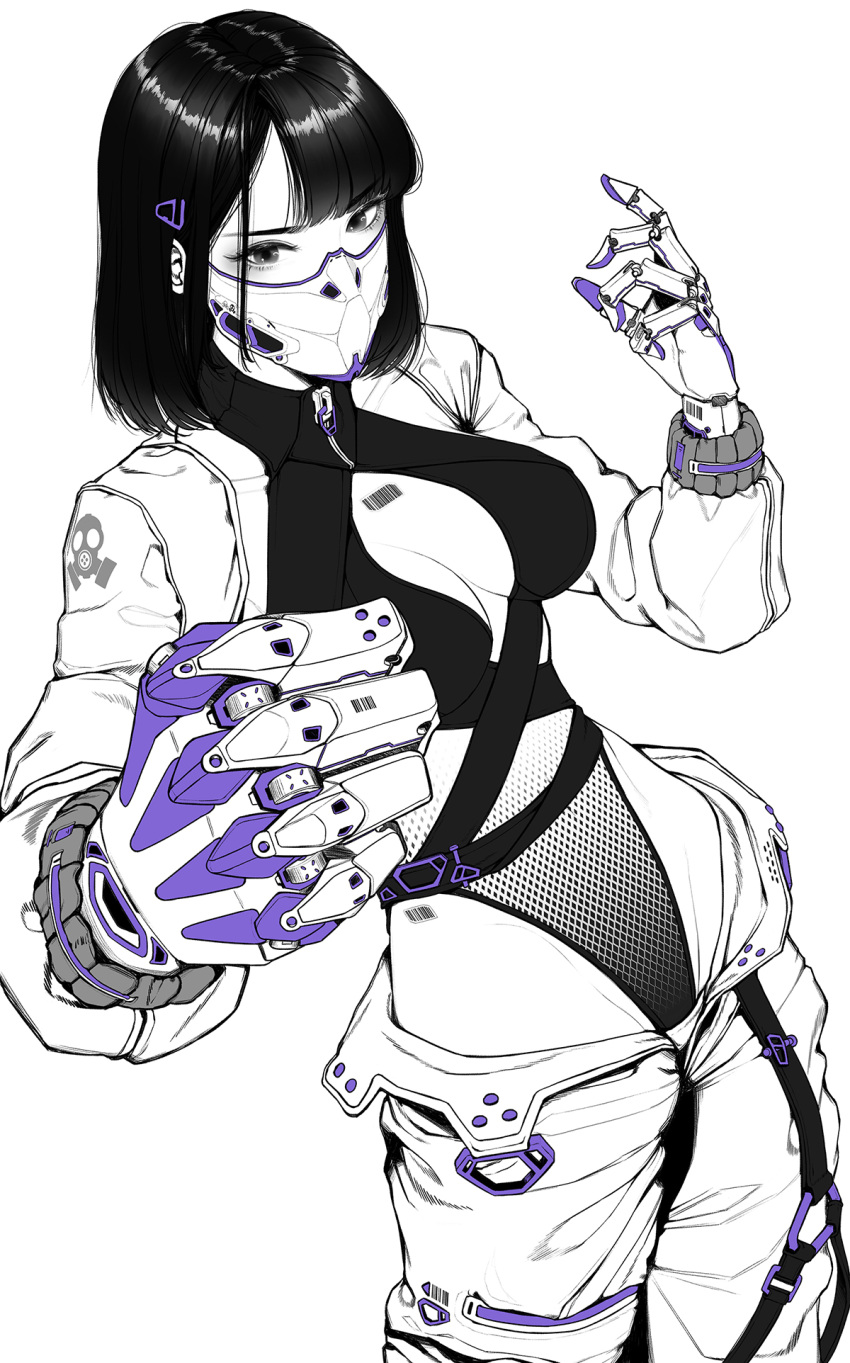 1girl armor arms_up bangs barcode barcode_tattoo belt black_belt black_hair black_leotard bob_cut bodysuit breasts chest_tattoo clenched_hands collar collarbone cowboy_shot cyborg detached_sleeves eyebrows_visible_through_hair facial_mark formal full_body gloves greyscale groin hair_between_eyes hair_ornament hairpin hancho_xo highleg highleg_leotard highres hip_bones jacket japanese_armor leaning leaning_back leaning_to_the_side leotard leotard_under_clothes looking_at_viewer mask masked mecha mechanical mechanical_arms mechanical_fists mechanical_hands mechanical_parts medium_breasts medium_hair menpoo midriff monochrome original patterned_clothing robot science_fiction short_hair simple_background solo standing strap suit swimsuit swimsuit_under_clothes tattoo thighs vest weapon white_background white_legwear zipper