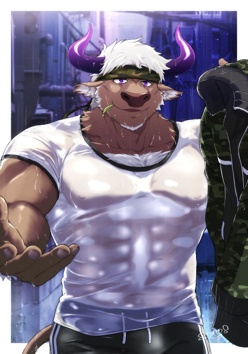 1461_1641 abs accessory anthro biceps bovid bovine cattle clothing headband hi_res horn lifewonders looking_at_viewer male mammal muscular muscular_anthro muscular_male offering_hand pecs purple_eyes shennong shirt solo tokyo_afterschool_summoners topwear video_games wet wet_clothing wet_shirt wet_topwear