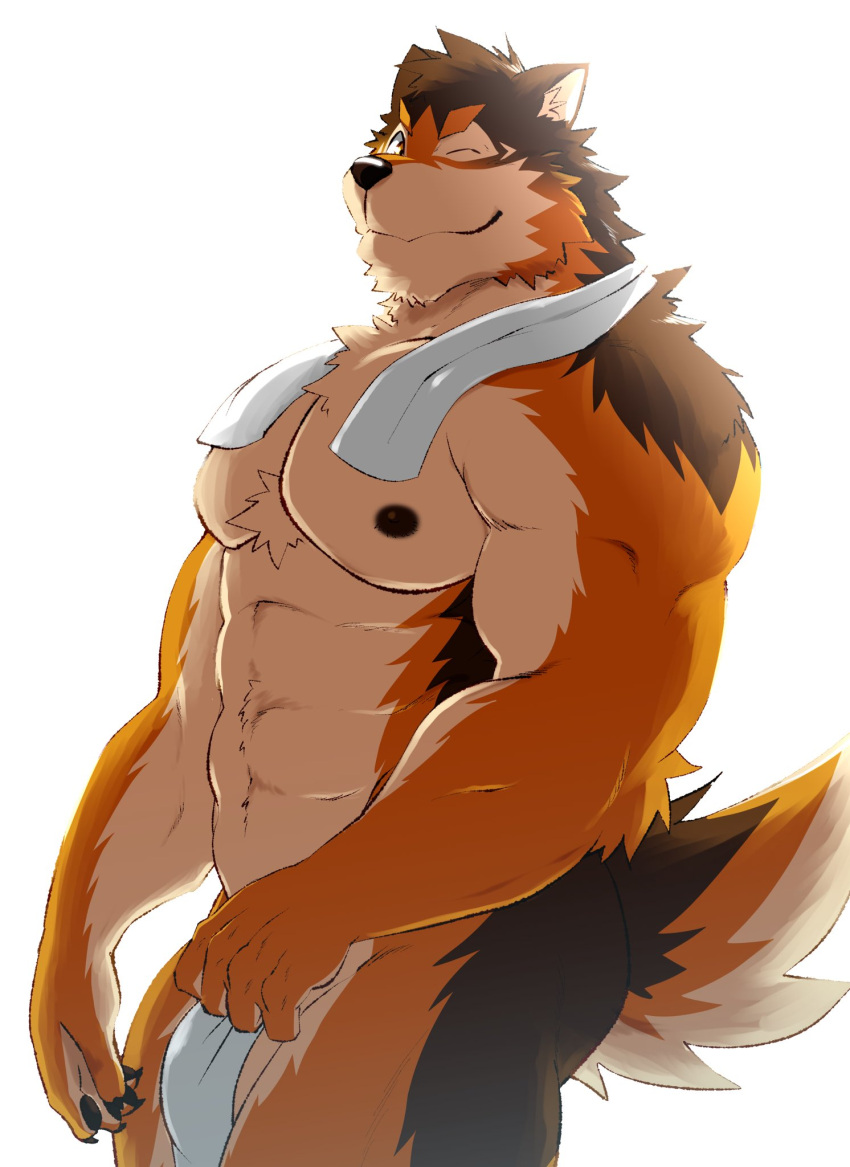 abs anthro barrel_(live-a-hero) butt canid canine canis fur hi_res lifewonders live-a-hero male mammal multicolored_body multicolored_fur muscular muscular_anthro muscular_male nipples nude one_eye_closed pecs samoji towel video_games wink wolf