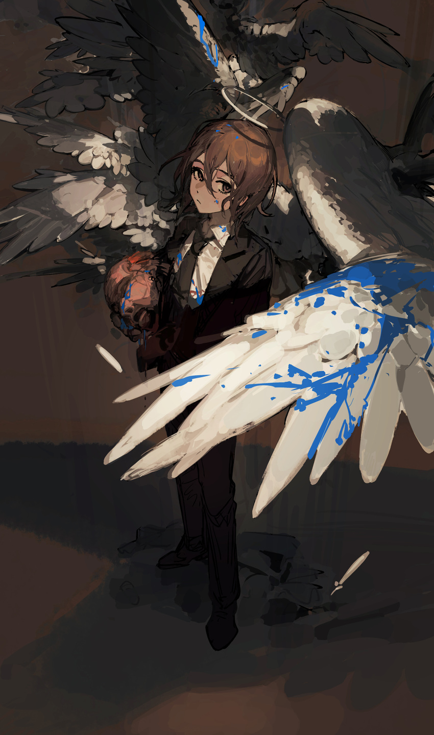 1boy absurdres angel_devil_(chainsaw_man) angel_wings angry black_coat black_necktie black_suit blood blood_on_clothes blue_blood business_suit chainsaw_man ciloranko coat decapitation feathered_wings feathers formal full_body head highres looking_at_viewer necktie solo standing stylized_blood suit white_wings wings