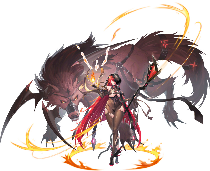 1girl absurdres animal bodysuit breasts brunhild_(last_origin) elbow_gloves fingerless_gloves fire flame full_body garmr_(last_origin) gloves grin hair_over_one_eye highres hood hood_over_one_eye large_breasts last_origin long_hair looking_at_viewer luvents3 monster official_art pyrokinesis red_eyes red_hair smile staff tachi-e thigh_gap torn_bodysuit torn_clothes transparent_background very_long_hair wide_hips wolf