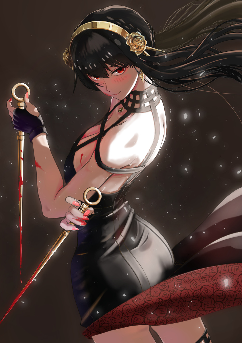 1girl absurdres ass bare_shoulders black_dress blood blood_on_arm blood_on_breasts blood_on_face blood_on_weapon blush breasts cleavage dress dual_wielding earrings hairband highres holding holding_weapon hxk4_n jewelry large_breasts short_dress solo spikes spy_x_family weapon yor_briar