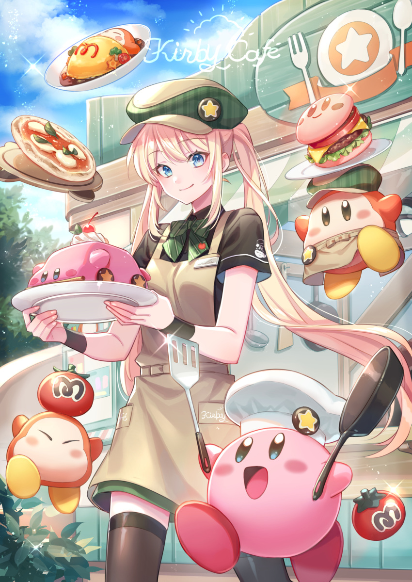 1girl absurdres apron black_legwear blonde_hair blue_eyes bow bowtie burger car closed_mouth cowboy_shot english_text food green_bow green_bowtie green_headwear ground_vehicle highres holding holding_plate kirby kirby_(series) kirby_cafe long_hair looking_at_viewer motor_vehicle original outdoors pizza plate short_sleeves smile standing star_(symbol) striped striped_bow thighhighs twintails waddle_dee zoff_(daria)