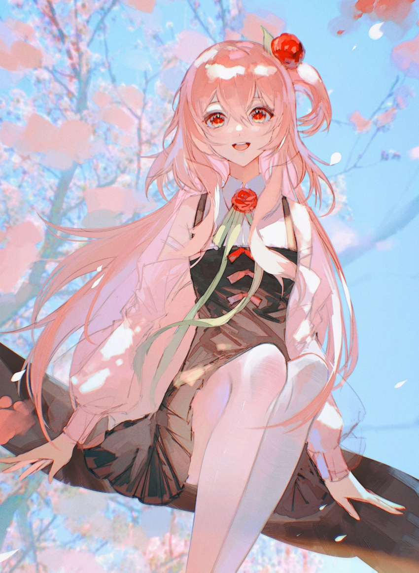 1girl alternate_costume alternate_hairstyle bare_shoulders blush cherry_blossoms chunbuchou dress flower green_ribbon highres long_hair long_sleeves looking_at_viewer multicolored_clothes nijisanji nijisanji_en pink_eyes pink_hair red_flower red_ribbon red_rose ribbon rose rosemi_lovelock sitting_on_branch smile solo teeth tongue very_long_hair virtual_youtuber white_dress