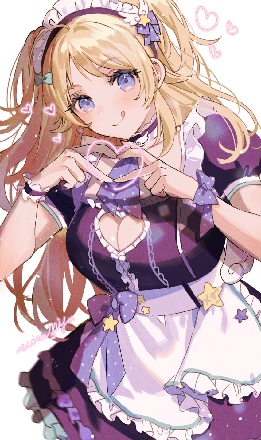 1girl :q alternate_costume apron blonde_hair blue_bow blue_eyes blush bow breasts cleavage cleavage_cutout closed_mouth clothing_cutout collarbone dress enmaided frilled_apron frilled_dress frills hachimiya_meguru hands_up heart heart_cutout heart_hands highres idolmaster idolmaster_shiny_colors long_hair looking_at_viewer maid maid_headdress medium_breasts miyako_(xxxbibit) puffy_short_sleeves puffy_sleeves purple_dress short_sleeves smile solo star_(symbol) tongue tongue_out two_side_up very_long_hair white_apron wrist_cuffs