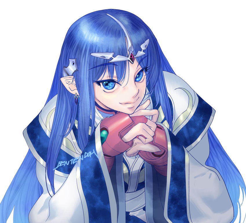 1girl bangs blue_eyes blue_hair eyebrows_visible_through_hair hair_behind_ear highres lafiel leaning_forward long_hair own_hands_together pointy_ears seikai_no_senki smile smug solo very_long_hair white_background white_robe yonemura_kouichirou