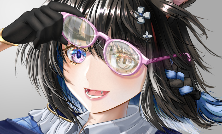 1girl :d absurdres animal_ear_fluff animal_ears arm_up black_hair blue_eyes blue_hair blue_jacket braid cat_ears cat_girl colored_inner_hair fangs flower frills glasses grey_background hair_flower hair_ornament hairpin hand_on_eyewear heterochromia highres hoshina_suzu jacket lower_teeth medium_hair multicolored_hair niet open_mouth pink-framed_eyewear portrait removing_eyewear shirt side_braid simple_background smile solo streaked_hair teeth two-tone_hair virtual_youtuber wactor_production white_flower white_shirt yellow_eyes