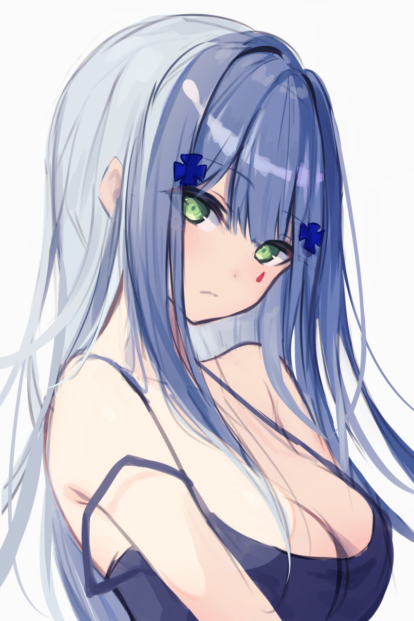 1girl absurdres blue_camisole breasts camisole cleavage diieru eyebrows_visible_through_hair eyes_visible_through_hair frown girls'_frontline green_eyes grey_hair hair_ornament highres hk416_(girls'_frontline) long_hair shiny shiny_hair simple_background solo teardrop_facial_mark teardrop_tattoo upper_body x_hair_ornament