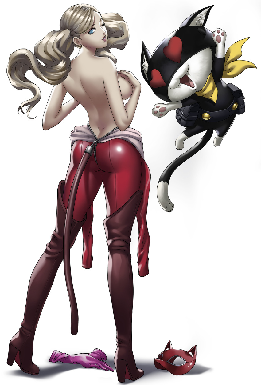 absurdres bangs blonde_hair blue_eyes bodysuit boots breasts brown_footwear cat earrings floating_hair fox_mask from_behind full_body gloves gloves_removed high_heel_boots high_heels highres jewelry long_hair looking_at_viewer looking_back mask mask_removed medium_breasts morgana_(persona_5) one_eye_closed parted_bangs parted_lips persona persona_5 pink_gloves red_bodysuit rondeu shiny shiny_hair sideboob simple_background standing takamaki_anne thigh_boots thighhighs topless twintails white_background