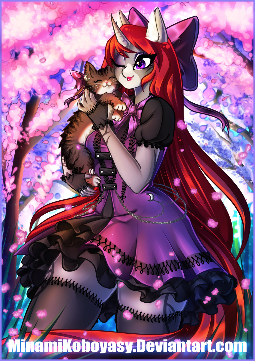 :3 absurd_res accessory anthro bottomwear chain cherry_blossom clothing coat_markings cute_scene domestic_cat dress embrace equid equine felid feline felis female flowing_hair flowing_mane flowing_tail gloves goth gothic_lolita hair hair_accessory hair_bow hair_ribbon handwear happy hi_res horn hug inner_ear_fluff jewelry leaf leaves_in_hair legwear lolita_(fashion) mammal markings minamikoboyasy moon one_eye_closed plant plantigrade red_hair ribbons rubbing_cheek selune_darkeye skirt smile snip_(marking) solo thigh_highs tree tuft whiskers