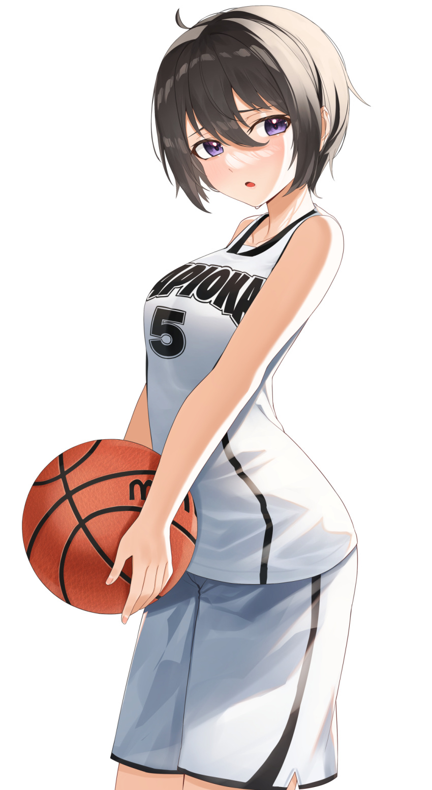 1girl ahoge ball bangs bare_arms bare_shoulders basketball basketball_jersey black_hair breasts eyebrows_visible_through_hair hair_between_eyes highres holding holding_ball looking_at_viewer medium_breasts original parted_lips purple_eyes short_hair shorts simple_background solo tapioka_(oekakitapioka) white_background white_shorts