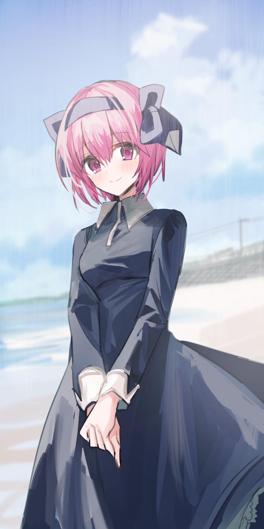 1girl absurdres bangs black_bow black_dress black_hairband blue_sky blush bow chihuri closed_mouth cloud collared_dress commentary_request day dress elfen_lied eyebrows_visible_through_hair hair_between_eyes hair_bow hairband highres long_sleeves nana_(elfen_lied) outdoors pink_hair power_lines purple_eyes sand sky smile solo utility_pole water