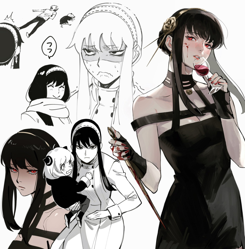 &gt;:( 2girls ^_^ alcohol anya_(spy_x_family) bare_shoulders black_dress black_gloves black_hair blood blood_on_face blood_on_hands blood_on_weapon breasts buttons carrying carrying_person cleavage closed_eyes coat collarbone commentary cropped_torso cup dress drinking_glass earrings fingerless_gloves gloves hairband highres holding holding_cup holding_weapon jewelry lineart looking_at_viewer looking_to_the_side multiple_girls multiple_views nail_polish parted_lips red_eyes red_nails roru_(lol_dessin) scarf short_hair_with_long_locks sidelocks simple_background spy_x_family sweat v-shaped_eyebrows weapon white_background wine wine_glass yor_briar