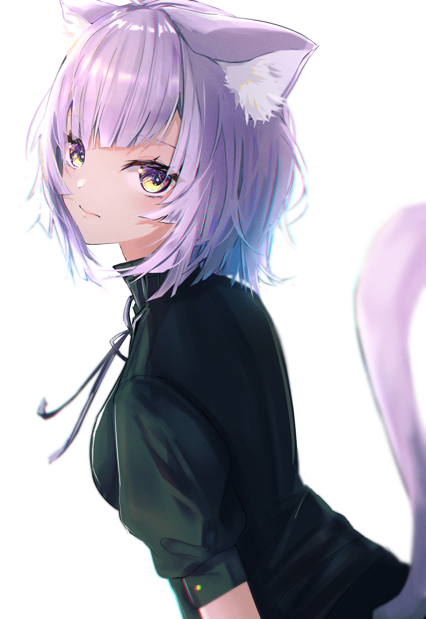 1girl absurdres animal_ear_fluff animal_ears bangs black_shirt cat_ears cat_girl cat_tail closed_mouth eyebrows_visible_through_hair from_side grey_ribbon highres hololive looking_at_viewer neck_ribbon nekomata_okayu ribbon shiny shiny_hair shirt short_hair short_sleeves simple_background solo sui._(suikun) tail upper_body virtual_youtuber white_background white_hair