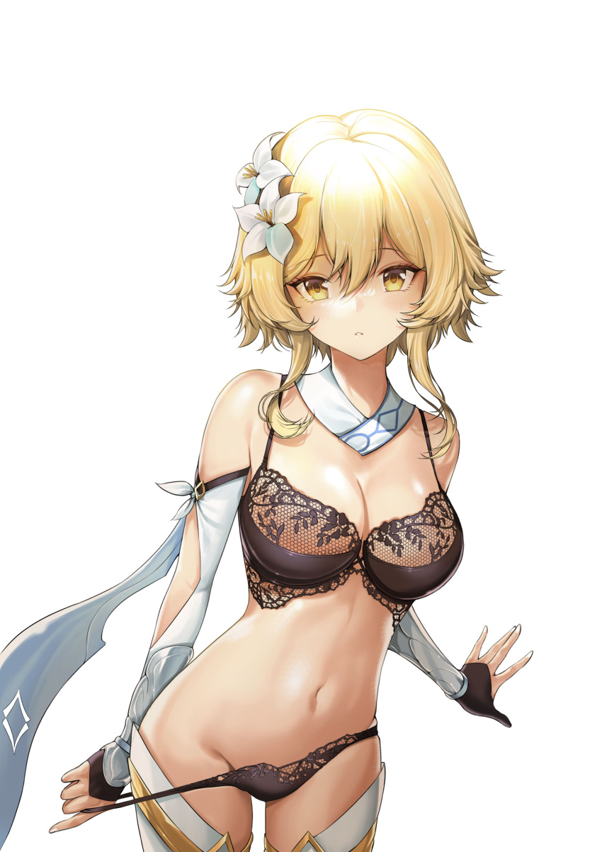 1girl absurdres bare_shoulders beida53878791 black_bra black_panties blonde_hair bra breasts cleavage cowboy_shot detached_collar detached_sleeves flower genshin_impact hair_flower hair_ornament highres honeycomb_(pattern) lingerie long_sleeves looking_at_viewer lumine_(genshin_impact) medium_breasts navel panties panty_pull parted_lips pulled_by_self short_hair_with_long_locks simple_background solo spaghetti_strap standing stomach string_bra string_panties thighhighs underwear white_background white_legwear yellow_eyes