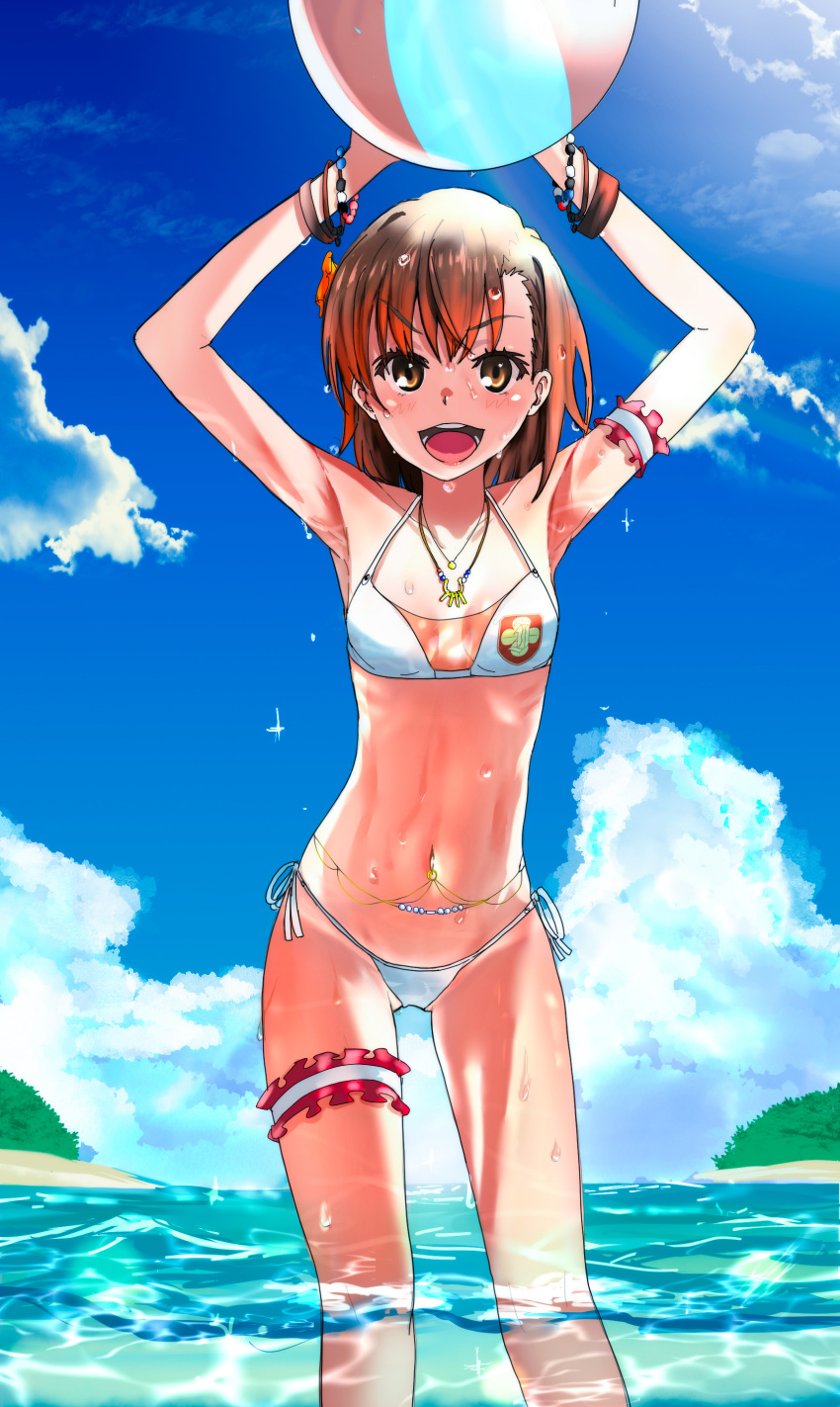 1girl absurdres armband arms_up ball beachball bikini blue_sky bracelet breasts brown_eyes brown_hair cloud commentary_request day feet_out_of_frame highres jewelry leg_garter looking_at_viewer misaka_mikoto mitsunari_(708154) necklace outdoors short_hair side-tie_bikini sky small_breasts soaking_feet solo swimsuit toaru_kagaku_no_railgun toaru_majutsu_no_index water wet white_bikini